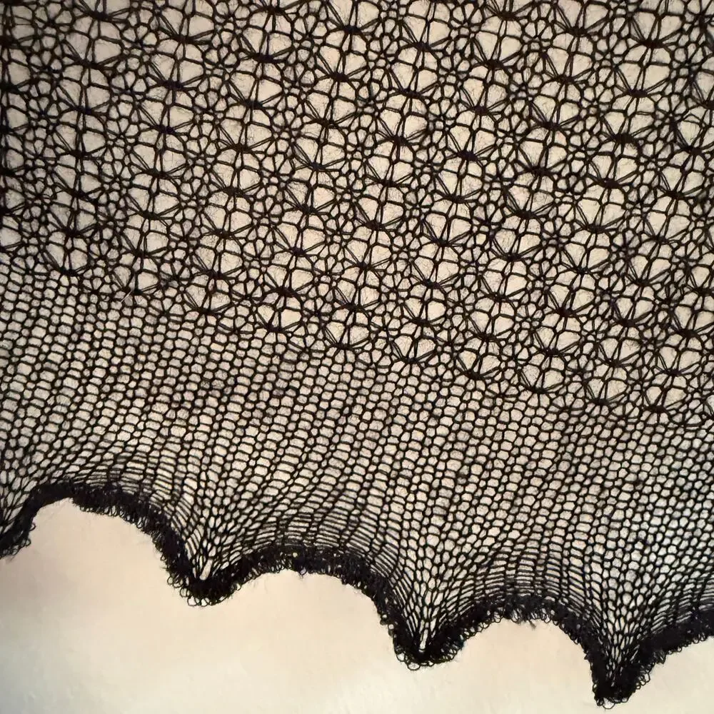 Black Open Knit Orenburg Shawl Goth Scalloped Square Scarf Wrap